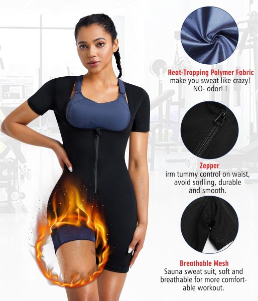 KUMAYES Sauna Suit Sweat Vest Waist Trainer for Women 4 in 1 Slimming Full Body Shaper Fitness Workout Top with Sleeve Shorts