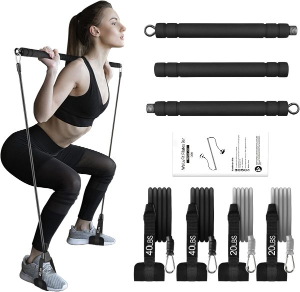 WeluvFit Pilates Bar Kit with Resistance Bands, Exercise Fitness Equipment for Women  Men, Home Gym Workouts Stainless Steel Stick Squat Yoga Pilates Flexbands Kit for Full Body Shaping