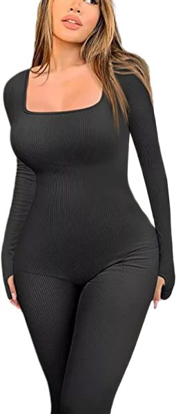 WPNAKS Women Yoga Jumpsuits Workout Ribbed Long Sleeve Sport Jumpsuits Bodycon Full Body Romper Bodysuit One-Piece Playsuit