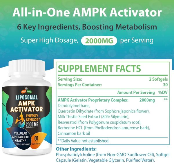 AMPK Activator 2000 mg - High Absorption Liposomal AMPK Activator for Women  Man, Berberine HCL Supplement for Antioxidant Support Cellular Balance and Healthy Aging, 60 Softgels