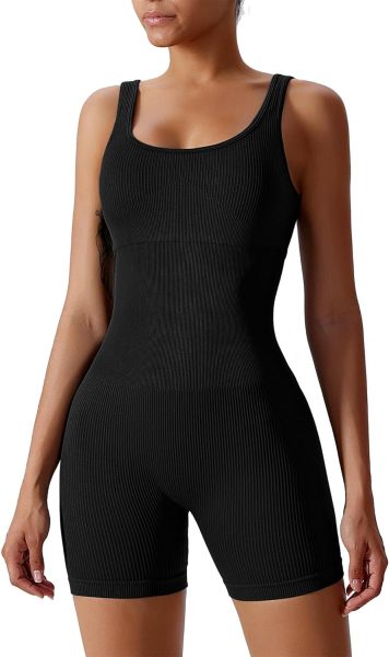 angelana Womens Workout Jumpsuit Built In Bra Yoga Ribbed One Piece Outfits Athletic Rompers Tummy Control