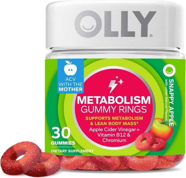 OLLY Metabolism Gummy Rings, Apple Cider Vinegar, Vitamin B12, Chromium, Energy and Digestive Health, Chewable Supplement, Apple Flavor - 30 Count