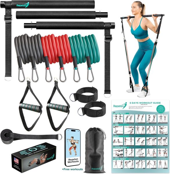 Pilates Bar Kit with Resistance Bands -3-Section Pilates Bar with Stackable Bands Workout Equipment for Legs, Hip, Waist, Arm, Exercise Fitness Equipment for Women  Men Home Gym Yoga Pilates