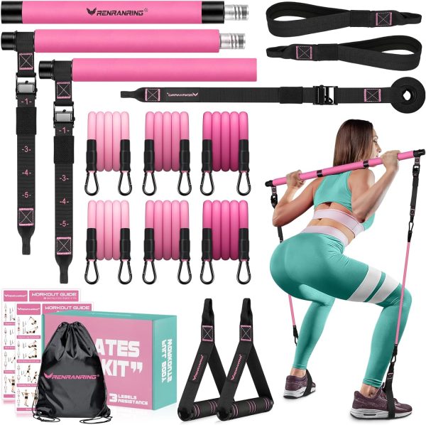 Pilates Bar Kit with Resistance Bands, Multifunctional Yoga Pilates Bar with Heavy-Duty Metal Adjustment Buckle for Women  Men, Home Gym Pilates Resistance Bar Kit forFull Body Workouts