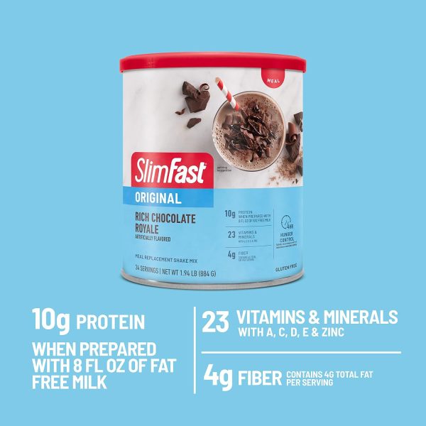 SlimFast Meal Replacement Powder, Original Rich Chocolate Royale, Shake Mix, 10g of Protein, 34 Servings