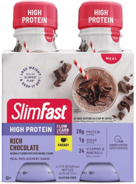 SlimFast Protein Shake with Caffeine, Caramel Macchiato- 20g Protein, Meal Replacement Shakes, High Protein with Low Carb and Low Sugar, 24 Vitamins and Minerals, (Pack of 12)