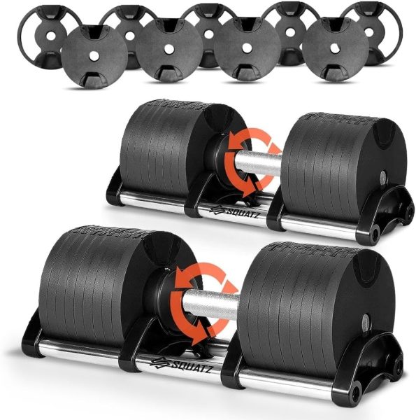 SQUATZ 70lb Adjustable Dumbbell Set, Adjustable Weight to Replace 9 Dumbbells with 1, Quick Change Weight Adjustments with Twist Lock Technology, for Full Body Workout and Weightlifting
