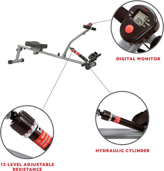 Sunny Health  Fitness Compact Adjustable Rowing Machine with 12 Levels of Complete Body Workout Resistance and Optional SunnyFit App Enhanced Connectivity