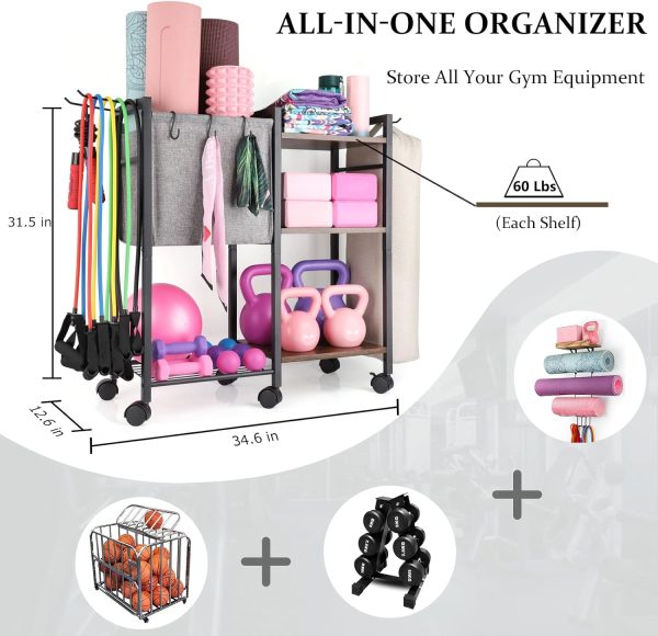 Yoga Mat Storage Rack Home Gym Equipment Workout Equipment Storage Organizer Yoga Mat Holder for Yoga Block,Foam Roller,Resistance Band,Dumbbell,Kettlebell and More Gym Accessories Gym Essentials Women Men Fitness Exercise Equipment Organization with Hooks Wheels